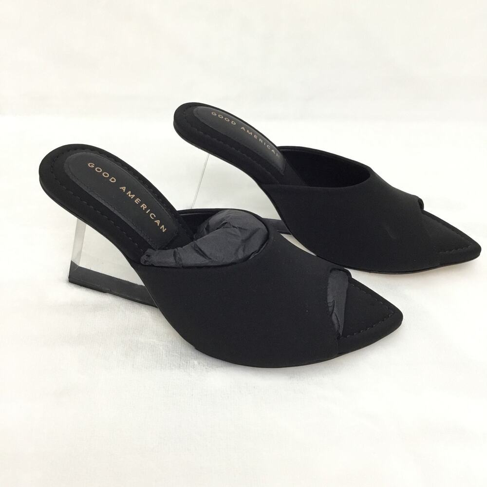 Good American Cinderella black Mules Lucite Heel Wedge Sandals NEW sz 5